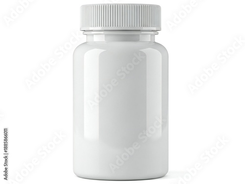 Empty white pill bottle standing upright isolated on white background