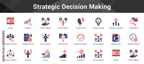 Strategic Decision Making Cohesive set of minimalist vector icons representing key ideas with visual clarity