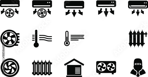 HVAC system icon set with air conditioning, fans, radiators, and ventilation symbols, vector artwork
