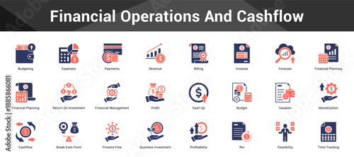 Financial Operations And Cashflow Cohesive set of minimalist vector icons representing key ideas with visual clarity