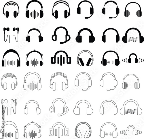 Headphones and headset icon set with flat and line style audio symbols, music listening sound wave call center headset icons in black monochrome vector illustration collection