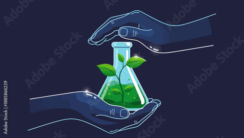 Sustainable Science Innovation Hands Protecting a Green Plant in a Lab Flask, Symbolizing Biotechnology and Eco-Friendly Research for a Brighter Tomorrow