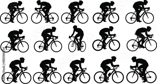 Multiple Silhouettes of Cyclists in Motion on White Background Keywords: silhouette, cyclist, cycling, bicycle, sport