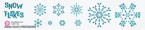 Set of snowflake icons, winter blue flat vector elements, Christmas snow crystals collection, minimalist holiday decorative icons isolated on white, symmetrical frozen ornament kit