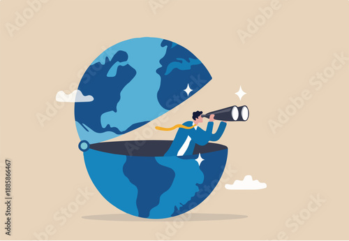 World economic vision or international opportunity for business, work or investment, searching for oversea business concept, smart businessman open globe using binoculars looking for future vision.