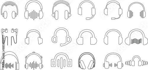 Headphones and headset icon set with flat and line style audio symbols, music listening sound wave call center headset icons in black monochrome vector illustration collection