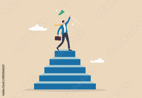 Step to success, staircase to achievement or reach winner target, progress or improvement, career success or business journey concept, successful businessman hold winning flag on top of step stair.
