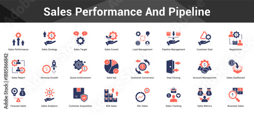 Sales Performance And Pipeline Cohesive set of minimalist vector icons representing key ideas with visual clarity