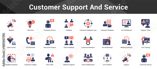 Customer Support And Service Cohesive set of minimalist vector icons representing key ideas with visual clarity