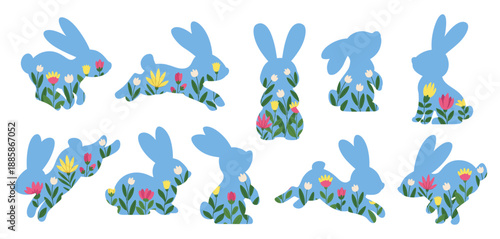 Vector silhouettes of Easter bunnies with flowers. Floral spring bunnies in various poses. Shapes for Easter and spring design. Isolated on white background.
