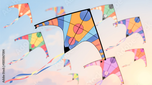 Colorful kites with geometric patterns flying in a cloudy sky during daytime clouds