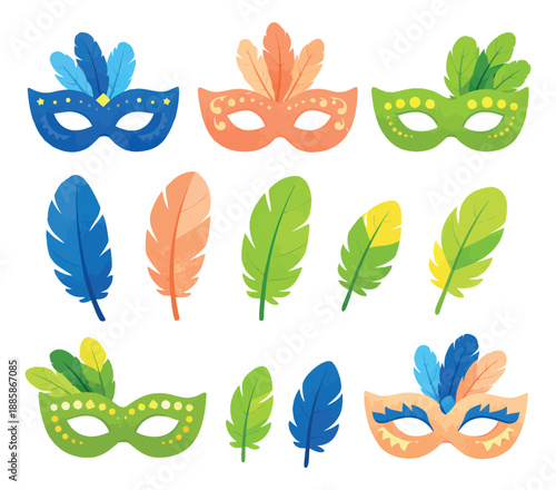 Flat design carnival masks and feathers set featuring decorated eye masks and colorful plumes for festive celebration or party decoration