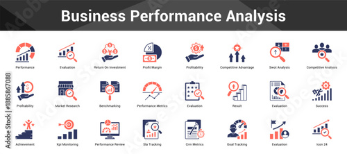 Business Performance Analysis Cohesive set of minimalist vector icons representing key ideas with visual clarity