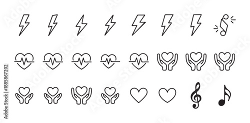 Emotional music and energy linear icons collection with lightning bolts hearts and musical notation