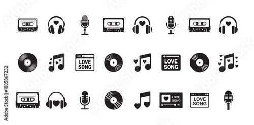 Set of music icons audio cassette headphones microphone love song and record disc symbol
