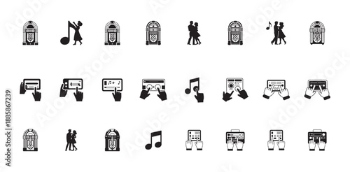 Set of music icons jukebox dancer musical note and user interface elements