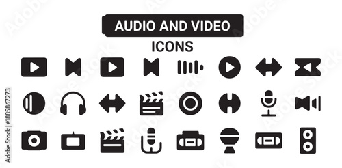 Set of audio and video icons with media player controls headphones and multimedia elements