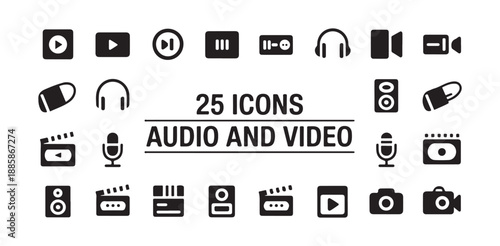 Set of 25 audio and video icons featuring media controls headphones and recording devices