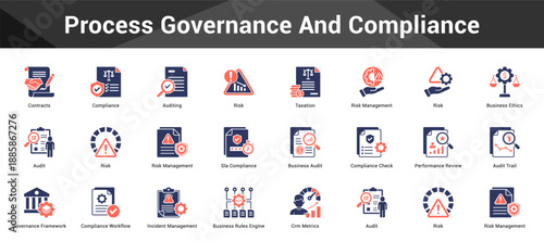 Process Governance And Compliance Cohesive set of minimalist vector icons representing key ideas with visual clarity