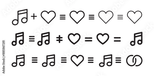 Music notes and heart symbols with equations and operators on white background