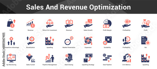 Sales And Revenue Optimization Cohesive set of minimalist vector icons representing key ideas with visual clarity