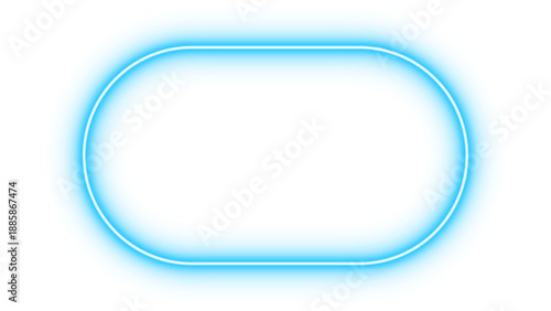 Blue neon glowing capsule shape half rounded decorative oval frame design element. Bright futuristic luminous empty center electric border and vibrant shining light effect. Vector illustration.