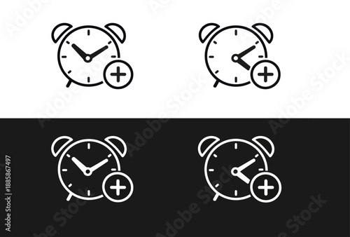 Alarm clock with plus sign icon set