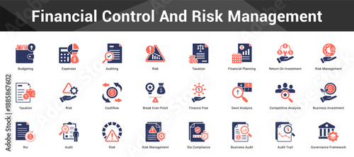 Financial Control And Risk Management Cohesive set of minimalist vector icons representing key ideas with visual clarity