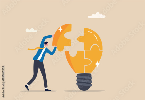 Problem solver, get solution to overcome difficulty, idea, creativity or innovation to fix problem or trouble concept, smart businessman solving lightbulb idea puzzle by connecting last jigsaw piece.