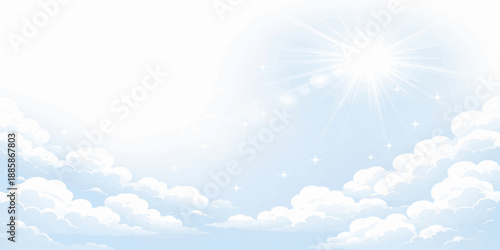 A bright summer day reveals a beautiful clear blue sky with white clouds and radiant sunlight streaming through the atmosphere for a high beauty nature cloudscape