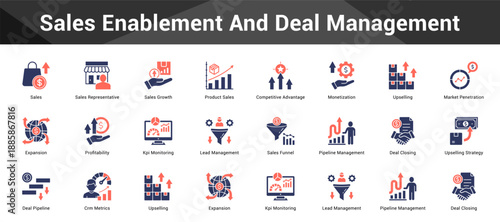 Sales Enablement And Deal Management Cohesive set of minimalist vector icons representing key ideas with visual clarity