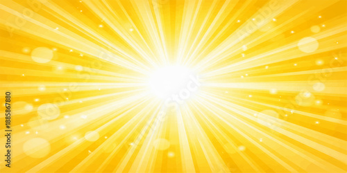 An abstract vector illustration featuring a bright yellow sunburst background with warm orange sun rays and a glowing summer sunlight beam design for a sunny sunrise wallpaper