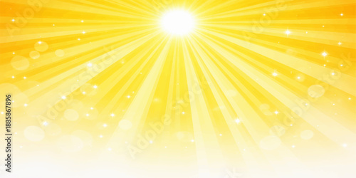 Abstract vector background featuring a bright orange and yellow sunburst design with sunny rays of light and a glowing starburst explosion to create a summer sunrise sky wallpaper illustration