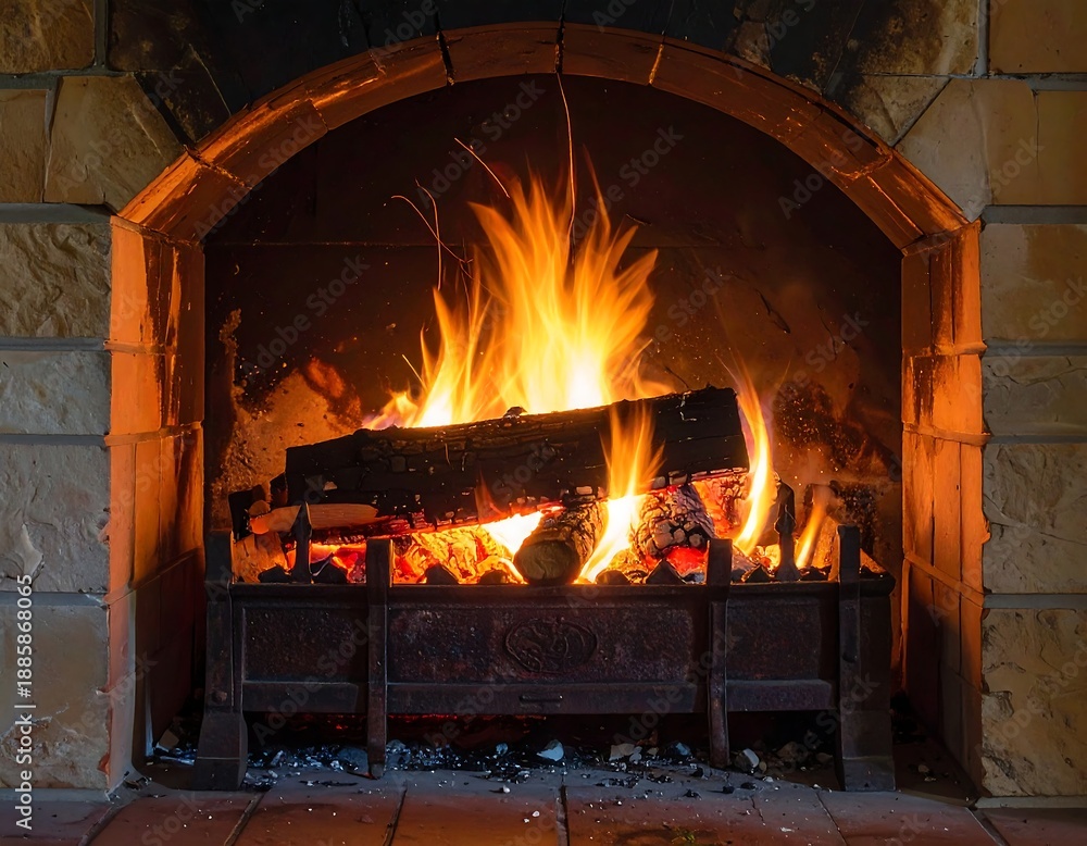 Obraz premium Cozy Fireplace with Burning Logs and Warm Flames.