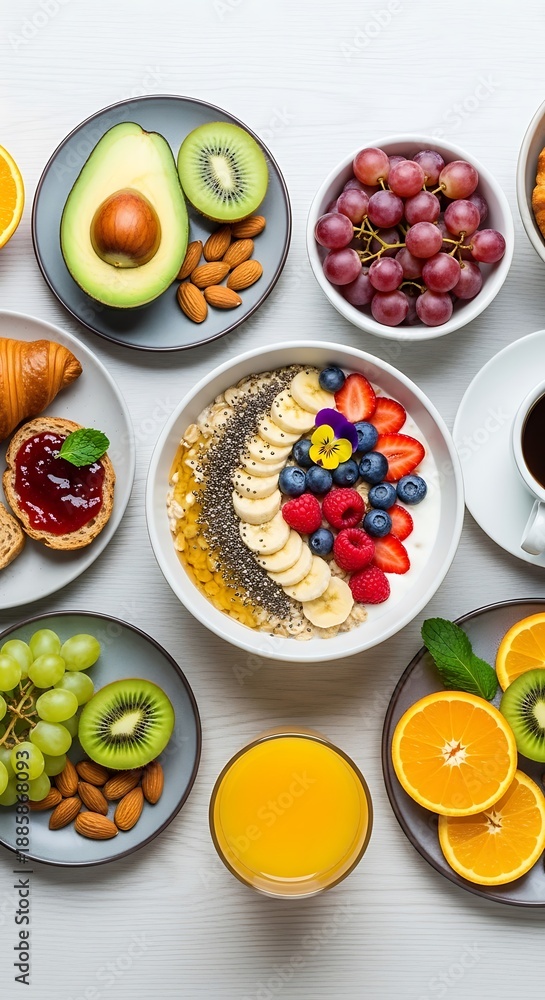 custom made wallpaper toronto digitalA vibrant and healthy breakfast spread on a white table with various fruits and foods