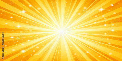 Abstract vector background featuring a bright yellow sunburst with orange rays and a warm summer light beam design for a sunny starburst illustration