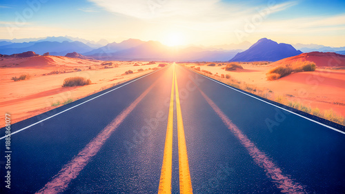 Desert highway at sunset with mountains and vibrant orange sky road