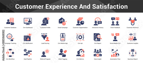 Customer Experience And Satisfaction Cohesive set of minimalist vector icons representing key ideas with visual clarity