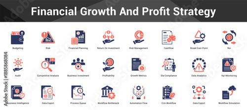 Financial Growth And Profit Strategy Cohesive set of minimalist vector icons representing key ideas with visual clarity