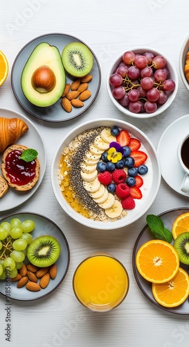 Wallpaper Mural A vibrant and healthy breakfast spread on a white table with various fruits and foods Torontodigital.ca
