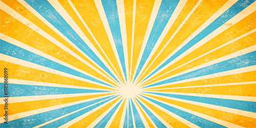 A vibrant retro sunburst background vector features a colorful orange and blue starburst pattern with grunge textures and bright light rays for a nostalgic wallpaper design illustration