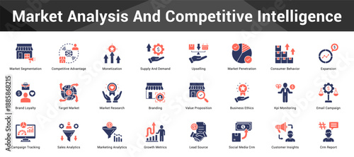 Market Analysis And Competitive Intelligence Cohesive set of minimalist vector icons representing key ideas with visual clarity