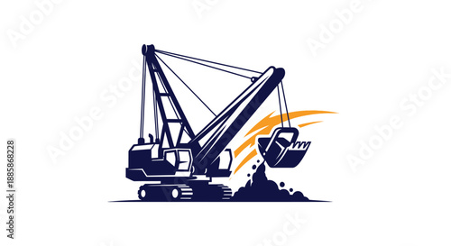 Heavy Dragline Excavator Digging Earth with Bright Orange Accent, Isolated White Background