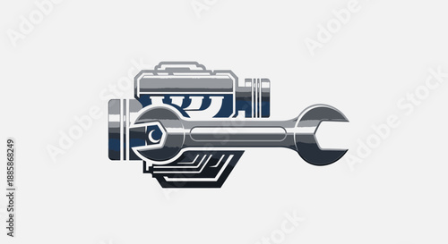Engine Block with Wrench, auto repair and mechanic service logo, in bright studio