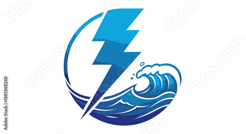 Blue Lightning Bolt and Ocean Waves in Circular Design, storm energy logo, isolated white background