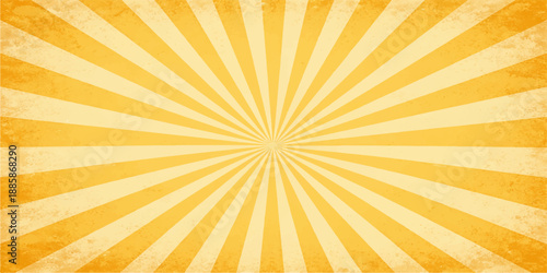 A vibrant yellow and orange grunge sunburst background featuring retro sun rays and a bright summer starburst design for a warm sunlight vector illustration