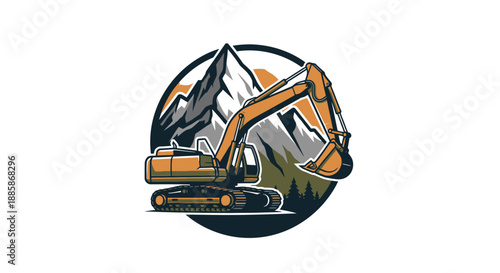Excavator Digging in Mountainous Forest Landscape, heavy equipment logo, in bright studio