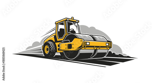 Yellow Road Roller Compactor Machine on Construction Site in bright studio