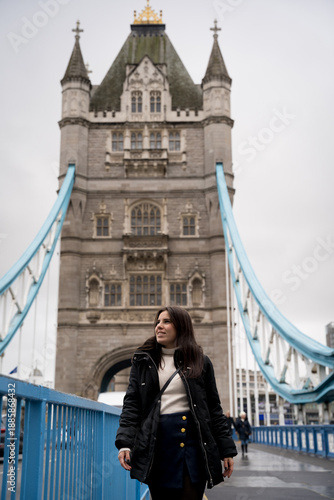 Fashionable Woman Walking on London Tower Bridge