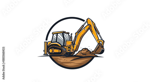 Yellow Excavator Machine Digging Earth in Circular Frame, Isolated White Background, Construction Work